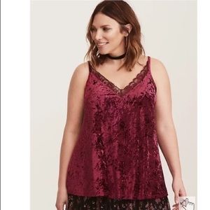 Torrid crushed velvet and lace tank in burgundy